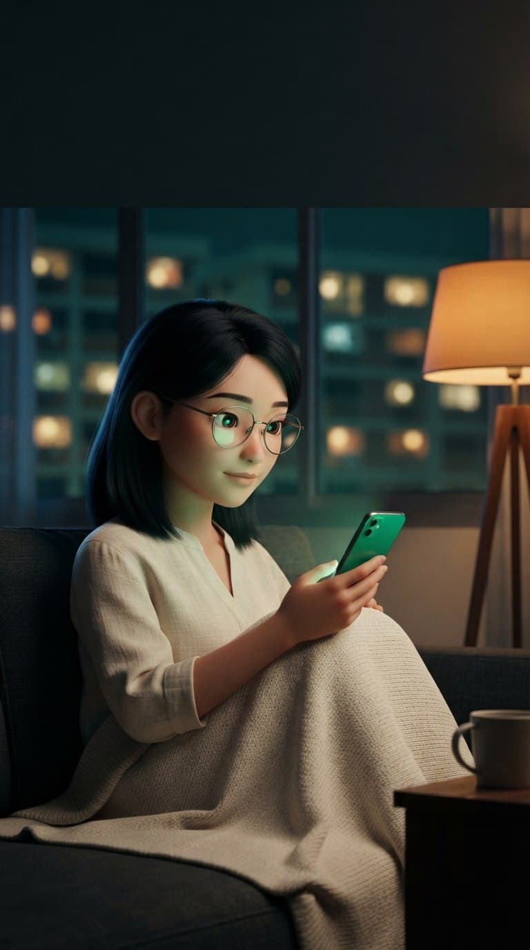 A woman on a sofa at night, calm, her phone glowing green