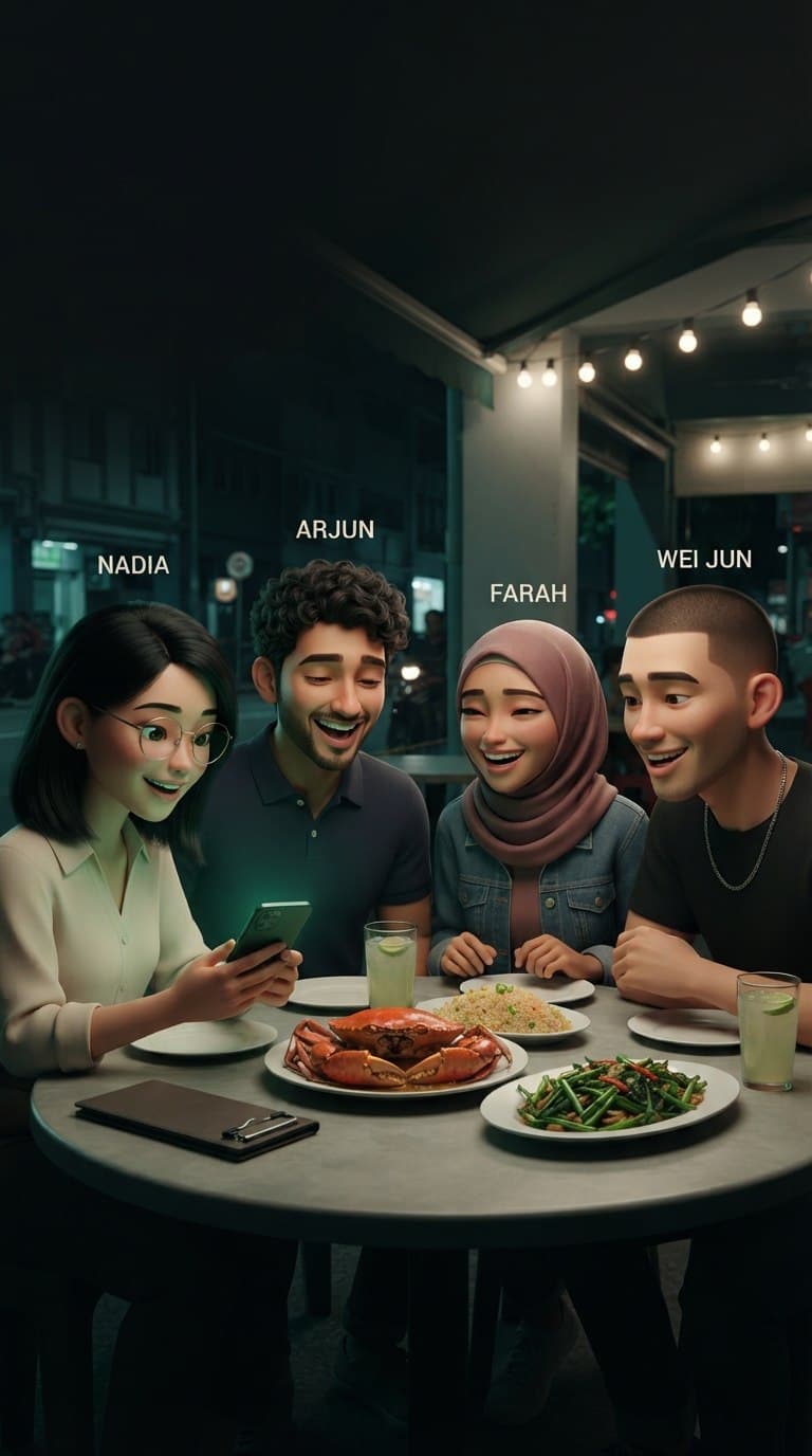 Four friends, Nadia, Arjun, Farah and Wei Jun, laughing over a seafood dinner as one checks her phone