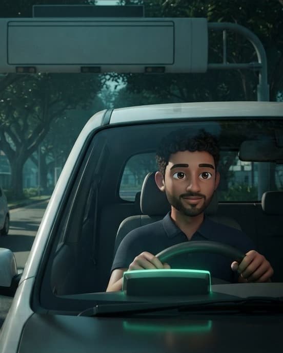 A man driving under a road-pricing gantry, a unit on his dashboard glowing green