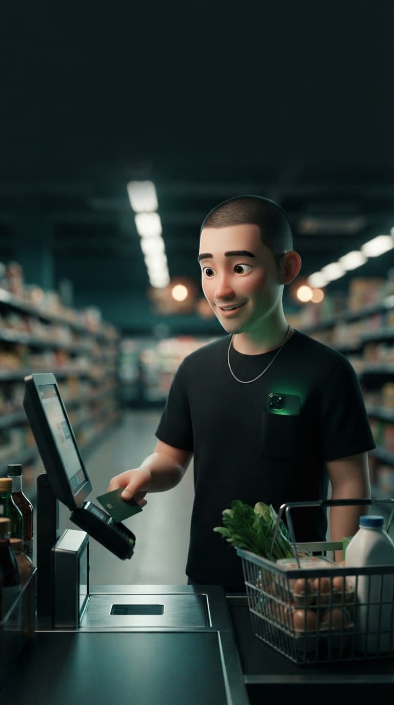 A man tapping a card at a supermarket self-checkout beside a basket of groceries