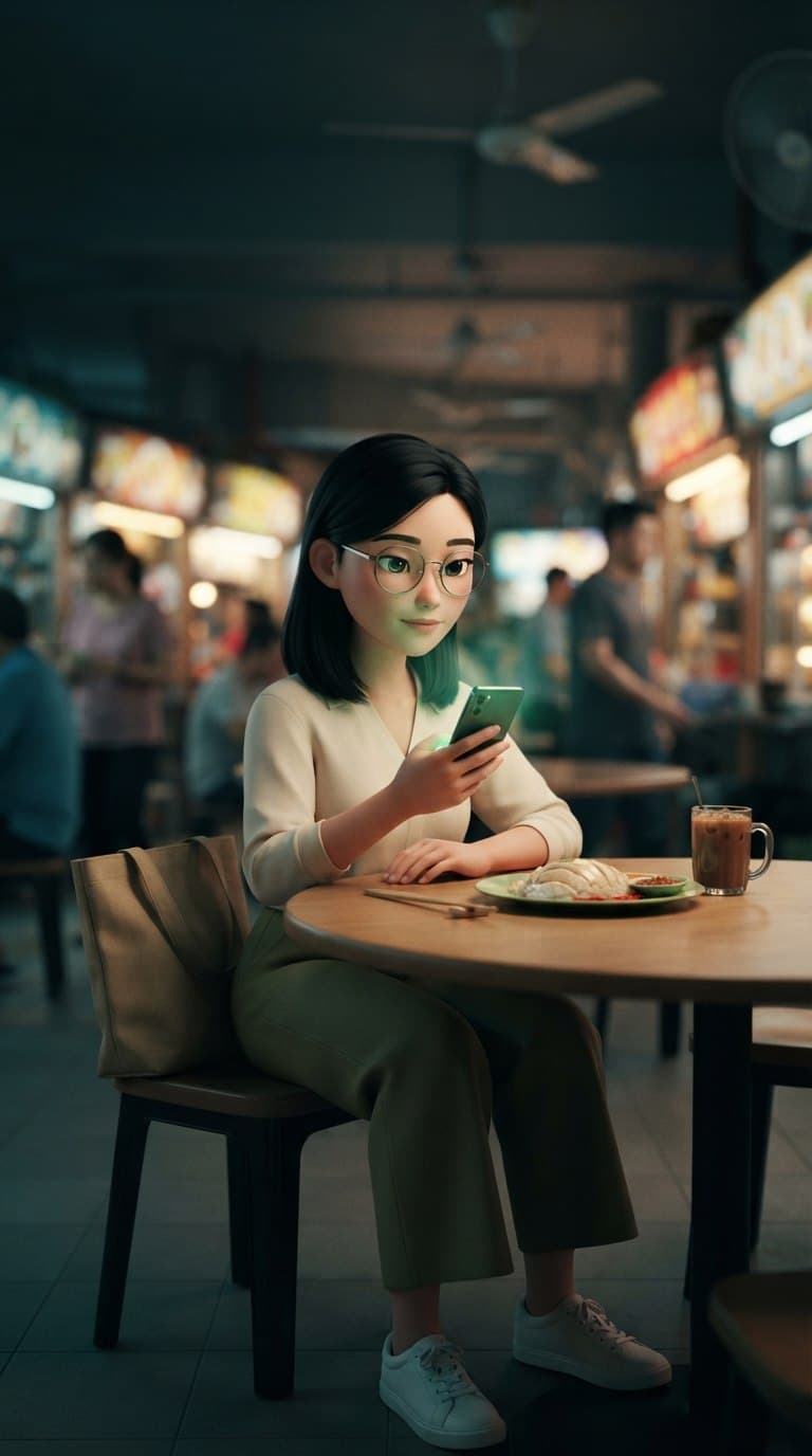 A woman at a hawker centre table with chicken rice and iced coffee, looking at her phone