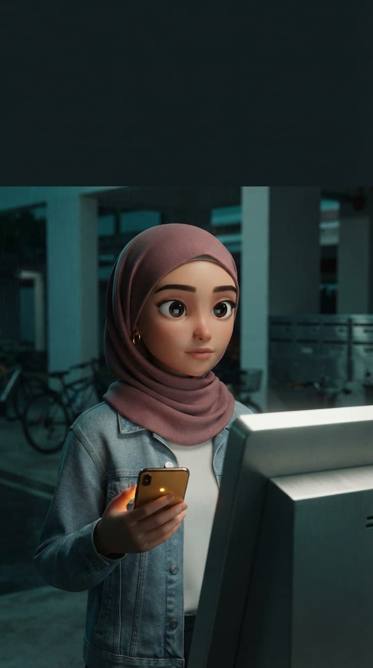 A woman at a payment kiosk at dusk, pausing over a phone that glows amber