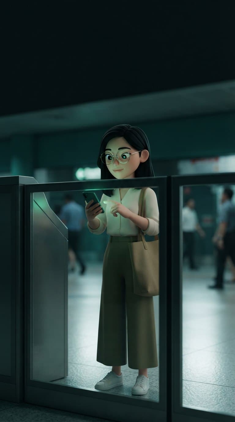 A woman at a train station fare gate, her phone glowing green