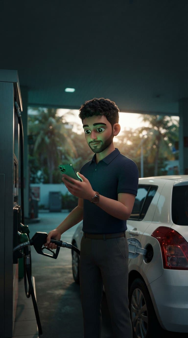 A man filling his car at a petrol pump, checking a phone that glows green