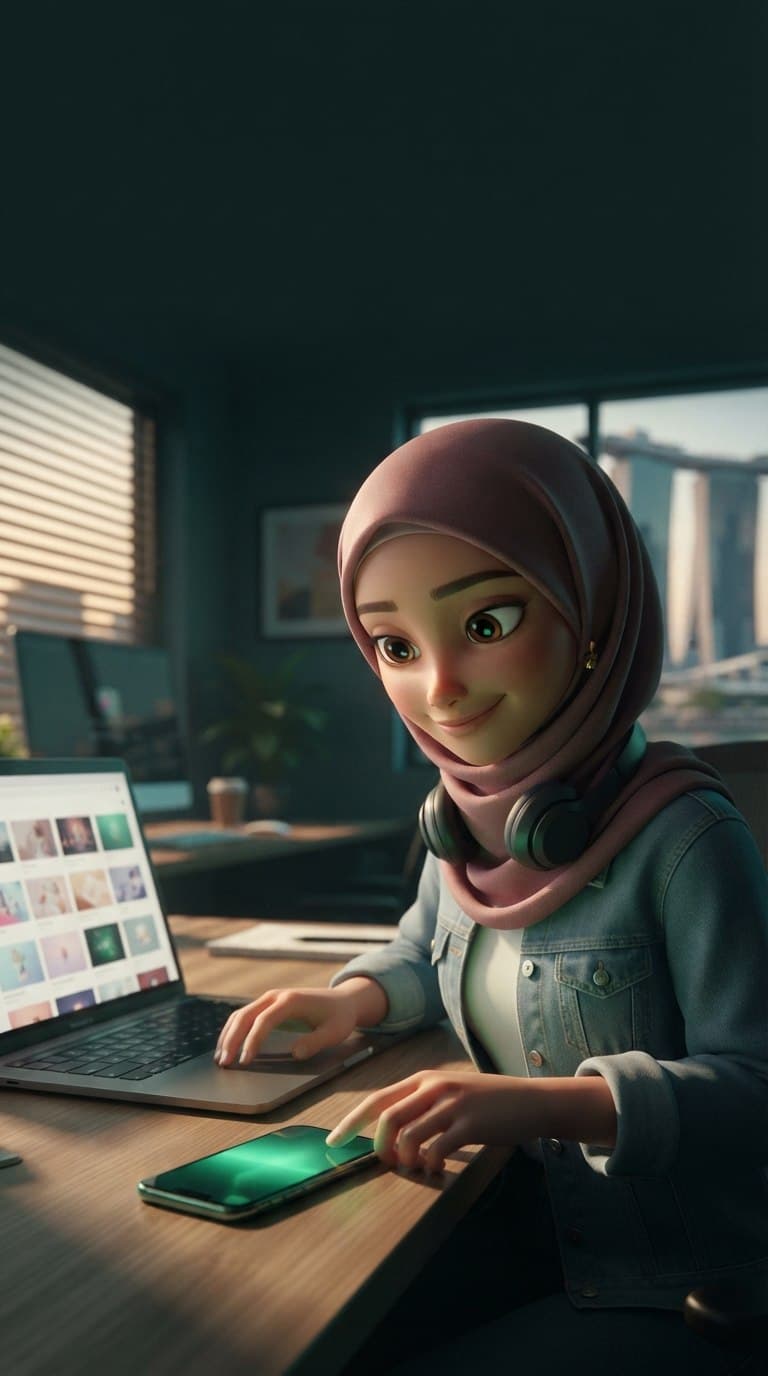 A woman at her office desk as her phone lights up green beside her laptop