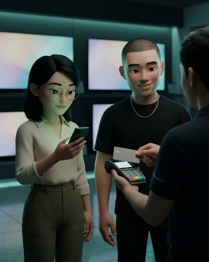 A couple in an electronics store paying by card in front of a wall of televisions